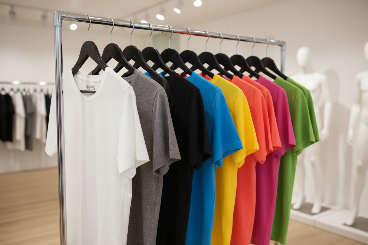 many t shirts hung in hanger